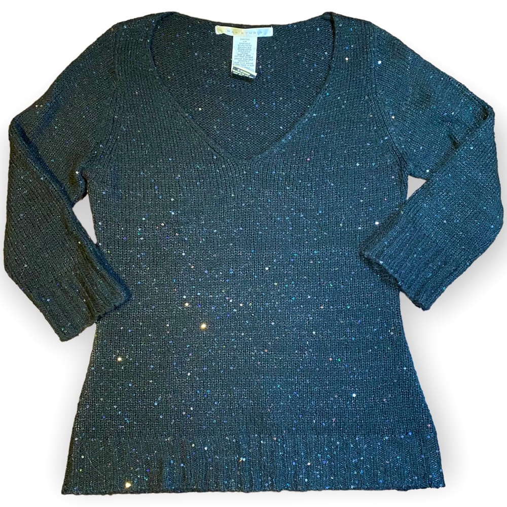 MAX STUDIO V-neck Black Sequin Sweater 3/4 Sleeves Size Large